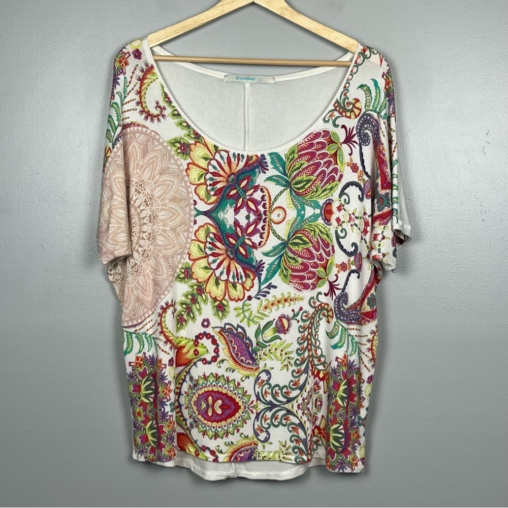 Desigual viscose elastane scoop neck lightweight knit floral medallion top, XL.